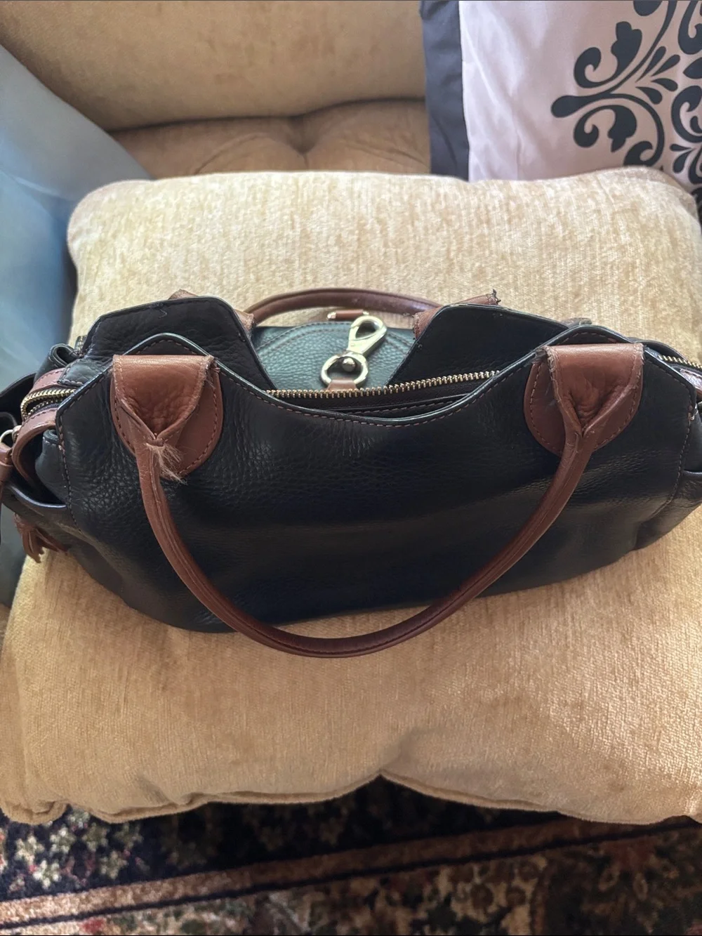 Cole Haan Black and Brown Leather Satchel with Metal Hardware